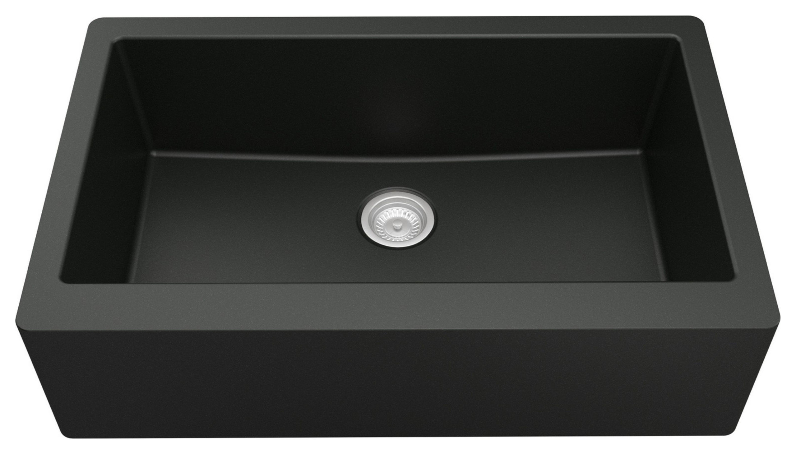 Karran All-in-One Farmhouse Quartz 34" Single Bowl Sink, Black With Faucet