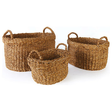 Sea Grass Oval Baskets With Cuffs, Set of 3