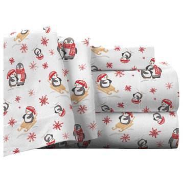 Pointehaven 175 GSM Cotton Flannel Sheet Set, Penguin, Twin Xl