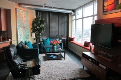 Small trendy loft-style slate floor living room photo in San Diego with a wall-mounted tv