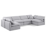 Meridian Furniture - Indulge Upholstered Modular U-Shaped Sectional, Grey, 6-Piece: 4 Armless Chair, 2 Corner Chair, Down Stuffed Linen Textured Fabric - Experience ultimate comfort and style with our grey linen textured fabric Indulge Sectional. The luxurious linen texture of the fabric will elevate the aesthetic of any room. This sofa provides ample space for you to relax while its modular build offers the option of unlimited configurations. Whether you're looking to add a stylish element to your living room or a comfortable seating option to your bedroom, this sofa is the perfect choice.