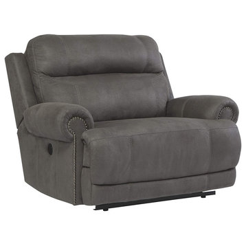 Modern Recliner, Oversized Design With Faux Leather & Nailhead Accents, Grey