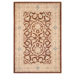Bareens Designer Rugs - Bohemien Ziegler Marry Brown Tan Hand-Knotted Wool Rug - 5'11'' x 9'0'' - Enhance the ambiance of your home with this magnificent Persian-influenced Turkish hand-knotted rug made by skilled artisans capable of creating the most exceptional vegetable dyes and hand-spun wool. This exquisite handmade rug is a one-of-a-kind Peshawar Kafkaz, otherwise identified as Chobi, Chobi Peshawar, Oushak, or Ziegler rug. These handmade rugs are crafted in Pakistan utilizing superior-quality wool imported from Australia, New Zealand, and Korea in two types of weaves: the Persian weave and the Mori weave. This rug is meticulously crafted by hand using the finest natural vegetable dyes extracted from local plants. The artisans use a blend of hand-spun local and fine merino wool, resulting in a rug with a compelling texture, higher lanolin content, and longer staple. The artisans occasionally incorporate natural or artificial silk into the pile to enhance specific motifs. The finished product is an awe-inspiring execution of flawless design and an understated palette that exudes elegance.