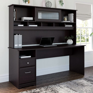 Traditional Desk, Integrated Hutch With Multiple Shelves & Cabinet, Espresso Oak