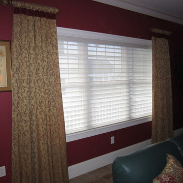 Tab Draperies with Shirred Tab Sleeves on Decorative Wood Pole, over Silhouettes