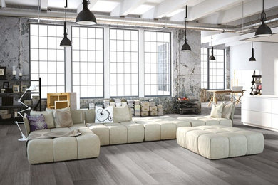 Inspiration for a mid-sized contemporary open concept light wood floor living room remodel in Los Angeles with white walls and no fireplace