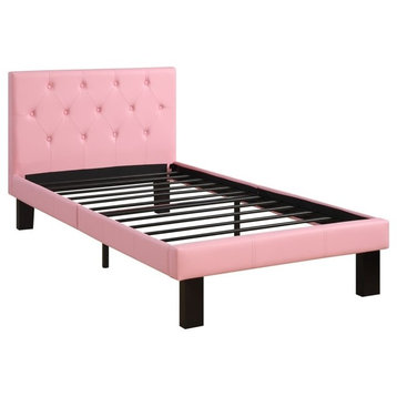 Faux Leather Upholstered Twin Size Bed With Tufted Headboard Pink