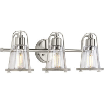 Conway 3-Light Brushed Nickel Clear Seeded Glass Farmhouse Bath Vanity Light