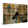 "Teal Yellow Reindeer" Painting Print on Natural Pine Wood, 45"x30"