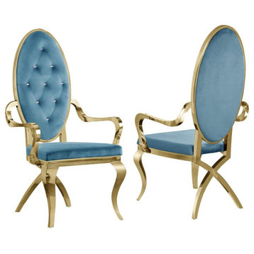Tufted Arm Chairs in Teal Blue Velvet and Gold Stainless Steel (Set of 2)