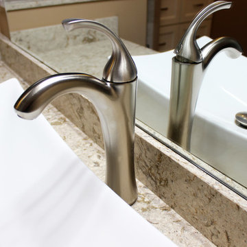 Master Bath Beige/Brown Porcelain Tiled Shower, White Vanity with Vessel Sink