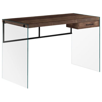 Modern Desk, Clear Tempered Glass Legs With Brown Reclaimed Wooden Top & Drawer