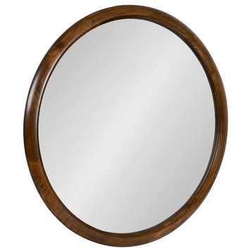Pao Round Framed Wood Mirror, Walnut Brown, 28" Diameter