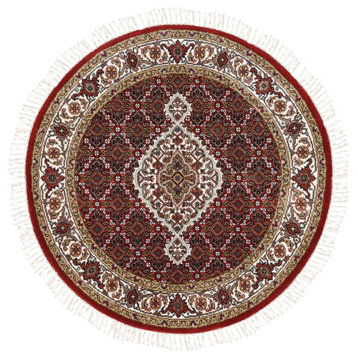 Round Hand Knotted Red Tabriz Mahi Fish Design Wool-Silk Oriental Rug, 3'4"x3'4"