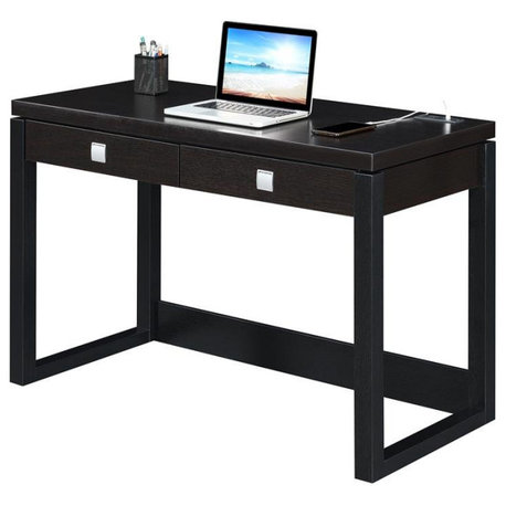 Convenience Concepts Newport Two-Drawer Desk with Charging Station in Black Wood