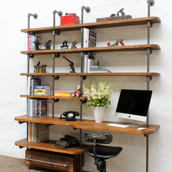 Nita Reclaimed Scaffolding Board & Dark Steel pipe Curved Shelving & Desk Unit - Bookcases