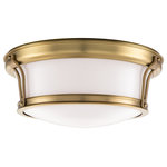 Hudson Valley Lighting - Newport, 13-inch Flush Mount, Aged Brass Finish, Opal Glossy Glass Shade - We find elegant flair in Newport's understated, yet attractive details. Notice the contour of the mouth-blown opal glass and the intricately stepped beading. Cast chevrons, anchored with rivet head details, form the link between Newport's metal rings enhancing the collection's subtly embellished appeal.