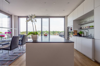 Offene, Zweizeilige, Geräumige Moderne Küche mit Unterbauwaschbecken, flächenbündigen Schrankfronten, weißen Schränken, Granit-Arbeitsplatte, Küchenrückwand in Weiß, Glasrückwand, schwarzen Elektrogeräten, braunem Holzboden, Kücheninsel, braunem Boden und schwarzer Arbeitsplatte in Sonstige
