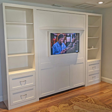 Shaker Panel Murphy Wall Bed with Shelf Leg, Side Cabinets, TV Frame