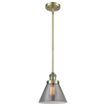 Large Cone LED Pendant, Antique Brass, Glass: Smoked