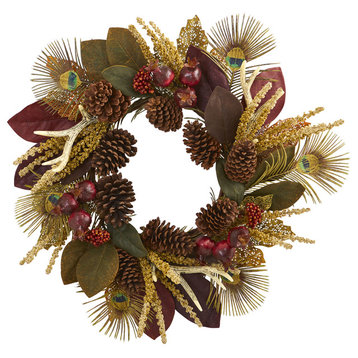 27" Magnolia Leaf, Berry, Antler and Peacock Feather Artificial Wreath