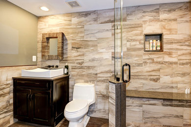 Bathroom - large modern 3/4 multicolored tile bathroom idea in DC Metro with dark wood cabinets, a one-piece toilet, green walls and quartzite countertops