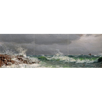 Tile Mural Seascape waves sea cliff gulls Backsplash Four Inch Marble