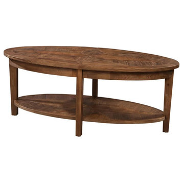 Traditional Coffee Table, Oval Design With Wide Top, Lower Open Shelf, Natural