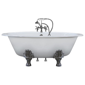 65" Cast Iron Extra Wide Oval Clawfoot Double Ended Tub, Chrome Freestanding PKG