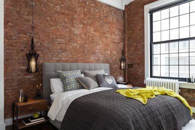 Bedroom - contemporary bedroom idea in New York with red walls