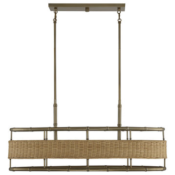 Arcadia 4-Light Warm Brass With Natural Rattan Linear Chandelier