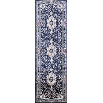 Blue Floral Medallion Transitional Turkish Rug Oriental Carpet 3x8