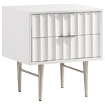 Meridian Furniture - Modernist Medium Gloss Finish Nightstand, Brushed Chrome - Embody industrialist style with this Modernist night stand in a white medium gloss finish. Utilitarian but sculptural in design, this piece features a ridged, textured look that is chic but sleek. It rests on brushed chrome steel legs and has chrome brushed handles for a bit of regality. Combine this piece with other items in the Modernist lineup for a cohesive finish to your room makeover.
