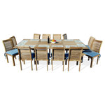 Windsor Teak Furniture - Teak Extra Wide 108x51" Extension Table, 12-Chairs - Buckingham Dining Height Extra WIDE 108" x 51" Rectangular Double Leaf Extension Table w 12 Casa Blanca Stacking Armless chairs..made with solid Grade A Teak will surely become a family heirloom. The Buckingham 108" x 51"comes with two 19" leafs , 89" long with one leaf open, 70" with both leafs closed and 108" long with both leafs opened and seats 12 people. The unique built-in butterfly pop-up leaf enables you to open or close your table in 15 seconds.The stacking chairs have contoured seats and are very comfortable. Comes with plug covered umbrella hole. Some Assembly on table only.  (Cushions Not Included)