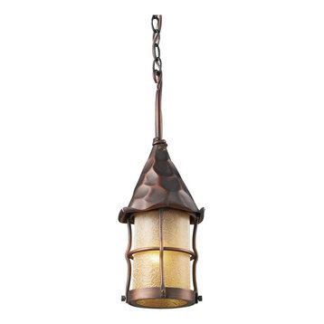 Rustica 1-Light Outdoor Pendant, Antique Copper With Amber Scavo Glass