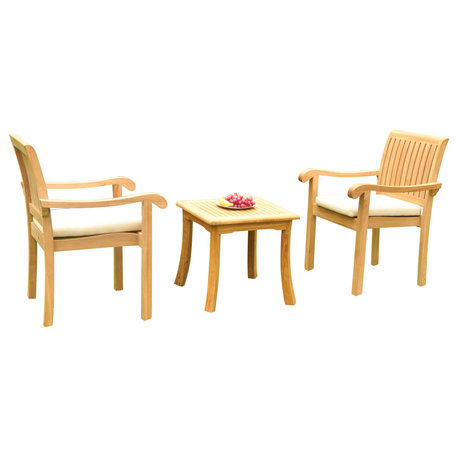 3-Piece Outdoor Patio Teak Dining Set, 18" Side Table, 2 Nain Stacking Chairs