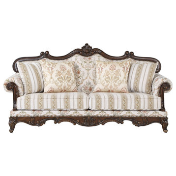 Victorian Sofa, Unique Ornamental Accented Frame & Patterned Fabric Upholstery