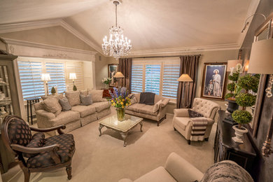 Living room - mid-sized traditional formal and enclosed carpeted living room idea in Salt Lake City with gray walls