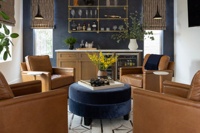 Inspiration for a mid-sized transitional home bar remodel in Orange County with shaker cabinets, medium tone wood cabinets and quartz countertops