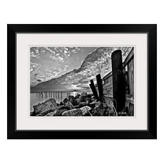 "Black And White Broken Sea Wall Sunset Cloud Wave" Black Framed Art Print, 2