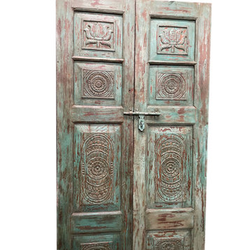 Antique India Teak Wood Doors, Distressed Blue, Intricate Carved Rustic 80
