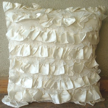 Ivory Euro Pillow Sham Only Satin 24x24 Ruffles Solid Color, Vintage Heaven