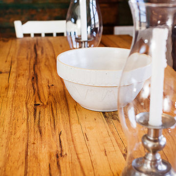 Farmhouse Kitchen, Dining Table & recaimed barnwood paneling