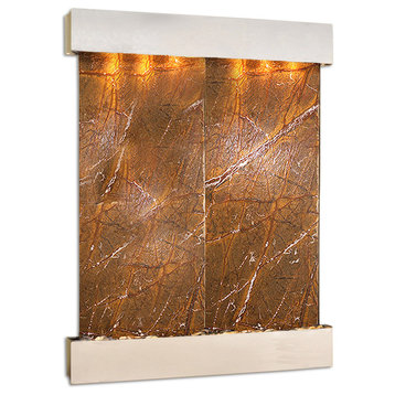 Majestic River Water Fountain, Brown Marble, Stainless Steel, Square Edges