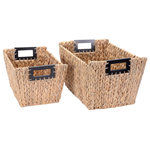 Villacera - Villacera Ford Rectangle Handmade Wicker Baskets Set of 2 - Villaceras handmade rectangle nesting baskets are designed to organize and declutter your house or apartment.  Made of the strongest seagrass, water hyacinth, these baskets are handmade with a tight wicker weave along its wire frame.  As with all of our products, they are designed for sturdiness, style, and longevity.  The integrated wood handles allow you to move them around with ease.  Whether you use these in the laundry room, living room, or in a garage, their generous sizes will organize just about anything you want to keep around. Product Details: Large Basket Measures: 17 L x 12 W x 9 H.  Medium Basket Measures: 15 L x 10 W x 7 H.  Material: Water Hyacinth. Color: Natural. Care: Vacuum regularly to remove dust. Occasionally clean with a diluted solution of Oil Soap and water to remove any grime from crevices and maintain natural luster.