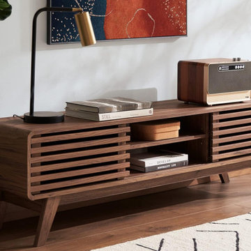 Mid Century Modern TV Stand for 55-65" TVs - Walnut Low Profile Media Console