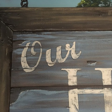 New England Harbor Town Mural, hand painted throughout a lower level