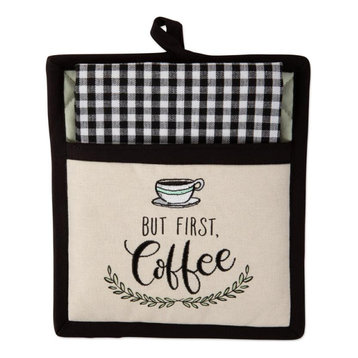 DII Modern Style Cotton Coffee Time Embroidered Potholder Gift Set in Black