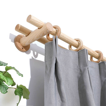 QYT03 1-1/8" Ash Wood Ball Bracket Single Double Curtain Rod Sets