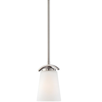 1-Light Mini Pendant, Brushed Nickel With Etched White Glass